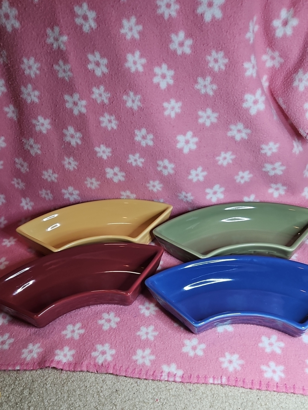 Ceramic Fan-Shaped Accent Dishes - Set of 4 in Blue, Green, Yellow, and Burgundy
